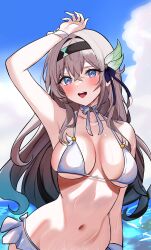 Rule 34 | 1girl, absurdres, arm up, beach, bikini, black hairband, blush, breasts, commentary, den den489, firefly (honkai: star rail), grey hair, hair between eyes, hair intakes, hairband, highres, honkai: star rail, honkai (series), long hair, looking at viewer, navel, open mouth, purple eyes, smile, solo, swimsuit, symbol-only commentary, teeth, upper teeth only, white bikini