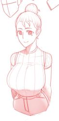 Rule 34 | 1girl, arms behind back, breasts, covered collarbone, ekz (robotekz), hair bun, large breasts, monochrome, original, red theme, ribbed shirt, shirt, shirt tucked in, short sleeves, simple background, single hair bun, sketch, smile, solo, upper body, white background