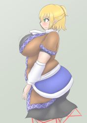 Rule 34 | 1girl, arm warmers, bad id, bad pixiv id, blonde hair, blush, bouncing breasts, breasts, cowboy shot, fat, fat rolls, green eyes, guroo (shine119), half updo, highres, large breasts, mizuhashi parsee, pointy ears, profile, robe, sash, scarf, short hair, shy, skirt, solo, thick thighs, thighs, touhou, wavy mouth
