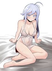 Rule 34 | 1girl, 86 -eightysix-, ahoge, bare shoulders, barefoot, bed sheet, blush, breasts, cleavage, collarbone, colored eyelashes, commentary request, covered navel, hair between eyes, highres, korean commentary, large breasts, lingerie, long hair, looking at viewer, nightgown, sitting, sung08ko, underwear, vladilena millize, white eyes, white hair, white nightgown, yokozuwari
