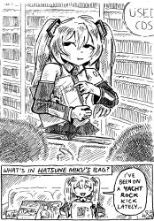 Rule 34 | 1girl, ^ ^, arm tattoo, closed eyes, collared shirt, commentary, detached sleeves, english commentary, english text, greyscale, hatsune miku, highres, long hair, looking at viewer, looking to the side, monochrome, necktie, open mouth, record jacket, shirt, sleeveless, sleeveless shirt, smile, speech bubble, tattoo, twintails, vocaloid, william leonard