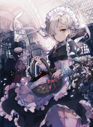 Rule 34 | 2boys, 2girls, apple, apron, azur lane, backlighting, basket, black dress, black hat, blonde hair, bottle, bow, braid, breasts, building, cierra (ra-bit), closed mouth, collar, commentary request, corset, cowboy shot, cross, dress, fedora, flower, food, frilled apron, frilled dress, frills, fruit, garter straps, hat, hat bow, holding, holding basket, juliet sleeves, long sleeves, looking at viewer, maid, maid headdress, multiple boys, multiple girls, orange eyes, puffy sleeves, red bow, sheffield (azur lane), short hair, silhouette, sleeve cuffs, small breasts, smile, solo focus, thighhighs, top hat, waist apron, white apron, white hat, white legwear, wine bottle