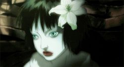 Rule 34 | 1girl, android, animated, animated gif, black hair, blue eyes, creepy, female focus, flower, ghost in the shell, ghost in the shell: innocence, hair flower, hair ornament, looking at viewer, lowres, machine, short hair, solo