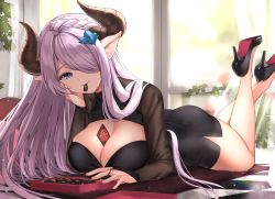 Rule 34 | 1girl, ass, bare legs, between breasts, black dress, blue eyes, breasts, chocolate, cleavage, commentary request, draph, dress, granblue fantasy, hair over one eye, heart, heart-shaped pupils, high heels, highres, horns, kinokorec, large breasts, legs up, light purple hair, long hair, looking at viewer, lying, mouth hold, narmaya (granblue fantasy), on stomach, pencil dress, pointy ears, smile, solo, symbol-shaped pupils, the pose