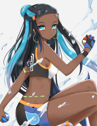 Rule 34 | 1girl, bare shoulders, bikini, black hair, blue eyes, blue gloves, blue hair, blush, commentary request, creatures (company), dark-skinned female, dark skin, dive ball, earrings, game freak, gloves, grey background, gym leader, holding, holding poke ball, hoop earrings, jewelry, long hair, looking at viewer, looking to the side, multicolored hair, nessa (pokemon), nintendo, parted lips, poke ball, poke ball (basic), pokemon, pokemon swsh, simple background, single glove, solo, swimsuit, swon (joy200892), tankini, two-tone hair, very long hair, water