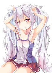 Rule 34 | 1girl, absurdres, armpits, arms up, azur lane, bare shoulders, blush, casual, highres, hikyac, laffey (azur lane), long hair, looking at viewer, red eyes, sitting, skirt, smirk, solo, tank top, twintails, wariza