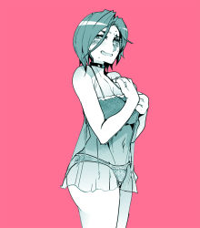 1girl black_choker blush breasts choker cleavage covered_navel embarrassed hair_between_eyes hand_on_own_chest large_breasts lingerie looking_up meryl_spanna monochrome open_mouth panties pink_background short_hair solo super_robot_wars super_robot_wars_t sweat uchiuchi_keyaki underwear