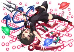 Rule 34 | 1girl, :d, asymmetrical wings, black dress, black hair, black thighhighs, bow, bowtie, danmaku, dress, full body, houjuu nue, looking at viewer, memento vivi, open mouth, polearm, red bow, red bowtie, red eyes, short hair, short sleeves, smile, snake, solo, thighhighs, touhou, trident, ufo, upside-down, weapon, white background, wings