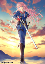 Rule 34 | 1girl, blue eyes, blue jacket, blue pants, breasts, closed mouth, collared shirt, commission, full body, gloves, hagino kouta, hair between eyes, holding, holding sheath, jacket, long hair, long sleeves, looking at viewer, medium breasts, mountain, original, outdoors, pants, pink hair, sheath, shirt, skeb commission, solo, standing, sunset, twitter username, unsheathed, very long hair, white gloves, white shirt