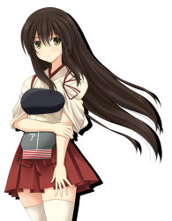 Rule 34 | 10s, 1girl, akagi (kancolle), brown eyes, brown hair, commentary request, hair between eyes, hakama, hakama short skirt, hakama skirt, hand on own arm, hand on own thigh, highres, japanese clothes, kantai collection, long hair, looking at viewer, miniskirt, muneate, rappa (rappaya), red hakama, skirt, smile, solo, tasuki, thighhighs, wide sleeves, wind, zettai ryouiki