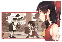 Rule 34 | 2girls, apron, ascot, bad id, bad pixiv id, bamboo broom, black hair, boots, border, bow, broom, commentary request, detached sleeves, dragon ball, from side, gohei, hair bow, hair tubes, hakurei reimu, hat, hat bow, height difference, highres, jandy, kirisame marisa, leaning forward, long hair, mini-hakkero, multiple girls, pavement, ponytail, red border, red bow, sepia, socks, stone lantern, touhou, waist apron, wide sleeves, witch hat