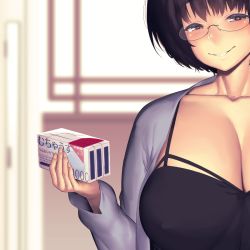 Rule 34 | 1girl, black hair, black tank top, blue sweater, blush, box, breasts, brown eyes, cardigan, cleavage, collarbone, commentary request, condom box, covered erect nipples, glasses, grin, hakai shin, holding, holding box, indoors, large breasts, looking at viewer, mature female, open cardigan, open clothes, original, short hair, smile, sweater, tank top