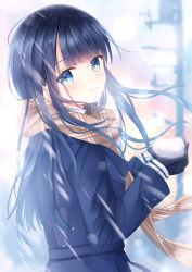 1girl beige_scarf black_hair blue_eyes blue_hair blue_jacket blunt_bangs blurry blurry_background blush checkered_clothes checkered_scarf from_side gloves highres holding jacket long_hair long_sleeves looking_at_viewer original scarf senri_(senri_sen) smile snow snowing solo winter