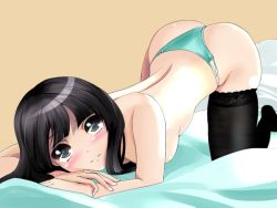 Rule 34 | 1girl, akiyama mio, ass, bad id, bad pixiv id, bed, black eyes, black hair, black thighhighs, blue panties, blush, itohiki, k-on!, lace, lace-trimmed legwear, lace trim, long hair, panties, solo, t-backs, thighhighs, thong, top-down bottom-up, topless, underwear, underwear only