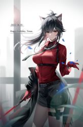 Rule 34 | 1girl, absurdres, animal ears, arknights, belt, black belt, black coat, black hair, black shorts, blush, breasts, closed mouth, coat, collared shirt, cowboy shot, crossed bangs, dated, english text, gloves, happy birthday, highres, large breasts, long hair, long sleeves, looking at viewer, official alternate costume, red gloves, red shirt, shirt, shokuyou koori, short shorts, shorts, smile, solo, texas (arknights), texas (willpower) (arknights), thigh strap, thighs, weapon, yellow eyes
