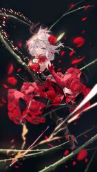 Rule 34 | 1girl, absurdres, ahoge, arm up, bare shoulders, black pantyhose, blue eyes, breasts, cleavage, closed mouth, commentary request, copyright request, destiny (takt op.), detached sleeves, dress, flower, goyain, grey hair, hair between eyes, hair flower, hair ornament, high heels, highres, long sleeves, looking at viewer, pantyhose, petals, red dress, red flower, red footwear, red rose, red sleeves, rose, rose petals, shoes, small breasts, smile, solo, strapless, strapless dress, takt op.