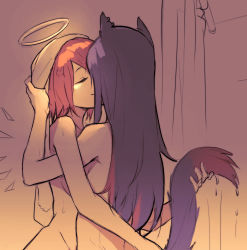 Rule 34 | 2girls, animal ears, arknights, back, black hair, closed eyes, closed mouth, commentary, detached wings, earrings, english commentary, exusiai (arknights), female focus, hair over one eye, halo, holding tail, hug, jewelry, kiss, kupikuuu, long hair, multiple girls, nude, parted bangs, partially colored, red hair, short hair, shower (place), shower curtain, smile, tail, texas (arknights), towel, upper body, wet, wings, wolf ears, wolf tail, yuri