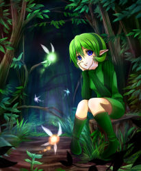 Rule 34 | 1girl, blue eyes, boots, fairy, forest, green footwear, green hair, hairband, hands on own cheeks, hands on own face, long sleeves, nature, navi, nintendo, pointy ears, saria (zelda), short hair, shorts, sitting, solo, the legend of zelda, the legend of zelda: ocarina of time, tree, tree stump, yozu (yozu0420)