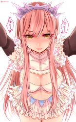 Rule 34 | 1girl, :d, bad id, bad pixiv id, black gloves, blush, breasts, cleavage, crown, elbow gloves, fate/grand order, fate (series), frills, gloves, highres, large breasts, long hair, looking at viewer, medb (fate), navel, open mouth, outstretched arms, pink hair, shisei (kyuushoku banchou), simple background, smile, solo, thigh gap, tiara, twitter username, white background, yellow eyes