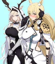 Rule 34 | 2girls, animal ears, antler grab, antlers, arknights, arm guards, armor, black dress, black gloves, blonde hair, blue background, blue eyes, blush, breasts, character name, closed mouth, covered navel, cowboy shot, deer antlers, deer ears, deer girl, dress, ears through headwear, embarrassed, gauntlets, gloves, hand up, highres, hood, hood up, horns, horse ears, horse girl, horse tail, large breasts, long hair, looking at viewer, makino, midriff peek, multiple girls, nearl (arknights), nearl the radiant knight (arknights), nose blush, orange eyes, own hands together, parted lips, ponytail, shoulder armor, sidelocks, simple background, smile, tail, v arms, very long hair, viviana (arknights), wavy mouth, white dress