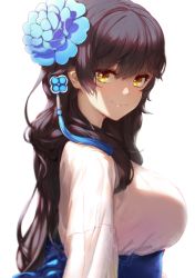 Rule 34 | 1girl, blue flower, breasts, brown eyes, brown hair, closed mouth, commentary request, flower, girls&#039; frontline, greem bang, hair between eyes, hair flower, hair ornament, highres, japanese clothes, kimono, large breasts, long hair, looking at viewer, looking to the side, md5 mismatch, obi, resolution mismatch, sash, simple background, smile, solo, source smaller, type 95 (girls&#039; frontline), very long hair, white background, white kimono