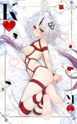 Rule 34 | 1girl, absurdres, animal ears, bdsm, blush, bondage, bound, breasts, commentary request, commission, cosplay request, fake animal ears, feet, full body, gradient hair, hair ornament, hairclip, heart, highres, king (playing card), king of hearts (playing card), leotard, long hair, medium breasts, meisansan, multicolored hair, neptune (series), no shoes, pantyhose, playboy bunny, purple hair, rabbit ears, red eyes, restrained, second-party source, shibari, shin jigen game neptune vii, sideboob, soles, solo, tennouboshi uzume, toes, twintails, variant set, very long hair, white hair, white pantyhose