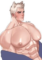 Rule 34 | 1boy, abs, absurdres, animal ears, artist name, bara, blue eyes, blush, highres, inverted nipples, large pectorals, looking to the side, male focus, manly, mature male, muscular, muscular male, nipples, original, pectorals, puffy chest, short hair, signature, simple background, solo, spiked hair, sweat, sweatdrop, white background, won (won uom)