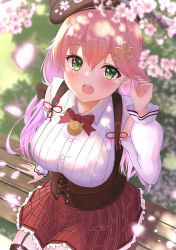 Rule 34 | 1girl, animal hat, bell, beret, blush, bodice, bow, bowtie, breasts, brown hat, cat hat, cherry blossoms, collared shirt, flower, garter straps, green eyes, hair between eyes, hair ornament, hairclip, hat, highres, hololive, jingle bell, large breasts, long hair, looking at viewer, low twintails, miniskirt, neck bell, on bench, onabe no shime, open mouth, park, petals, pink hair, plaid, plaid skirt, red bow, red bowtie, red skirt, ribbed shirt, sakura miko, sakura miko (casual), shirt, sitting, skirt, solo, suspenders, thighhighs, twintails, underbust, virtual youtuber, white shirt