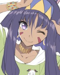 Rule 34 | 1girl, animal ears, bracelet, closed mouth, commentary request, dark-skinned female, dark skin, earrings, facial mark, fate/grand order, fate (series), green shirt, hands up, headband, highres, hoop earrings, jackal ears, jewelry, long hair, looking at viewer, medjed (fate), nitocris (fate), one eye closed, purple eyes, purple hair, shirt, simple background, smile, solo, tonee, upper body, white background