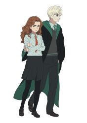 1boy 1girl absurdres black_footwear black_pantyhose black_skirt black_sweater blonde_hair brown_eyes brown_hair closed_mouth collared_shirt d: draco_malfoy full_body green_necktie grey_shirt harry_potter_(series) hermione_granger highres long_sleeves necktie open_clothes open_mouth open_robe pantyhose pleated_skirt red_necktie robe sangseon_(gye0626) shirt short_hair simple_background skirt smile striped_necktie sweater white_background wizarding_world