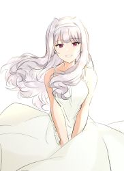 Rule 34 | 1girl, blunt bangs, dress, hairband, highres, idolmaster, idolmaster (classic), long hair, looking at viewer, open mouth, purple eyes, shijou takane, silver hair, smile, solo, white background, white dress