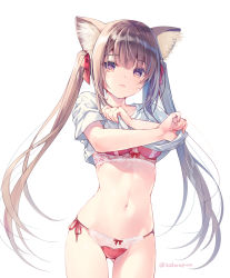 Rule 34 | 1girl, animal ear fluff, animal ears, bra, breasts, brown eyes, brown hair, cat ears, closed mouth, cowboy shot, gluteal fold, hair ribbon, lace, lace-trimmed bra, lace-trimmed panties, lace trim, long hair, looking at viewer, medium breasts, miwabe sakura, mole, mole under eye, navel, no pants, original, panties, red bra, red panties, ribbon, shirt, short sleeves, side-tie panties, simple background, solo, standing, stomach, thighs, twintails, underwear, undressing, very long hair, white background, white shirt
