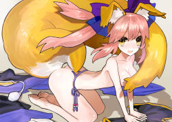 Rule 34 | 10s, 1girl, all fours, animal ear fluff, animal ears, barefoot, bikini, blush, breasts, cleavage, covering privates, covering breasts, embarrassed, fate/extra, fate (series), fox ears, fox tail, hair between eyes, hair ribbon, japanese clothes, looking at viewer, nude, nude cover, official art, pink hair, ribbon, side-tie bikini bottom, solo, swimsuit, tail, tail hole, tamamo (fate), tamamo no mae (fate/extra), topless, twintails, underwear, underwear only, wada arco, yellow eyes