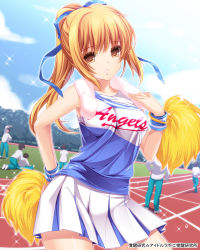 Rule 34 | 1girl, blonde hair, breasts, brown eyes, cheerleader, contrapposto, hair ribbon, highres, large breasts, long hair, looking at viewer, monety, original, pleated skirt, pom pom (cheerleading), ponytail, ribbon, skirt, solo focus, sparkle, standing