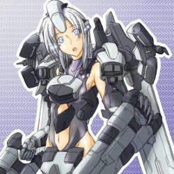 Rule 34 | 1girl, armored core, armored core: for answer, blue eyes, breasts, energy gun, female focus, from software, glowing, glowing eyes, laser rifle, mecha musume, midriff, navel, novemdecuple, rocket launcher, short hair, solo, standing, weapon, white hair, y11-latona