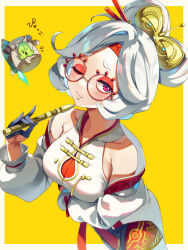 1girl ;3 backpack bag bare_shoulders black_gloves blush bodysuit border breasts closed_mouth coat commentary_request eyewear_on_head from_above glasses gloves hair_ornament hair_stick half_gloves headband holding korok long_sleeves looking_at_viewer medium_breasts nintendo off-shoulder_coat off_shoulder one_eye_closed outside_border purah red-framed_eyewear red_bodysuit red_eyes red_headband round_eyewear shirt short_hair sleeveless sleeveless_bodysuit sleeveless_shirt smile solo the_legend_of_zelda the_legend_of_zelda:_tears_of_the_kingdom tomose_shunsaku translation_request white_border white_coat white_hair yellow_background