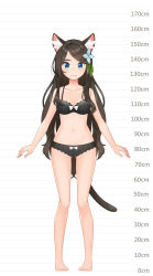 Rule 34 | 1girl, aina (mao lian), animal ear fluff, animal ears, arms at sides, bare arms, bare legs, bare shoulders, barefoot, blue eyes, bow, bow bra, bow panties, bra, breasts, brown bra, brown hair, brown panties, cat ears, cat tail, closed mouth, full body, height chart, highres, long hair, looking at viewer, mao lian (nekokao), medium breasts, navel, original, panties, pigeon-toed, smile, solo, standing, tail, underwear, underwear only, very long hair, white bow