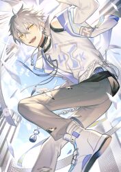 Rule 34 | 1boy, absurdres, aleo, black choker, chain, choker, commentary, ensemble stars!, film strip, glass shards, grey hair, grey pants, hair between eyes, highres, hourglass, jacket, jewelry, long sleeves, male focus, necklace, official alternate costume, ogami koga, open clothes, open jacket, outdoors, pants, ring, short hair, solo, teeth, torn clothes, torn pants, yellow eyes