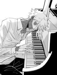 Rule 34 | 1boy, bell mha, boku no hero academia, burn scar, collared shirt, dabi (boku no hero academia), dress shirt, ear piercing, greyscale, highres, instrument, leaning on object, male focus, monochrome, multiple scars, nose piercing, on bench, piano, piano keys, piercing, scar, shirt, short hair, sitting, solo, spoilers, stapled, todoroki touya