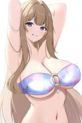 Rule 34 | 1girl, armlet, arms behind head, arms up, bare arms, bare shoulders, bikini, blue bikini, blue eyes, blush, breasts, brown hair, cleavage, collarbone, commentary request, dolphin wave, gradient bikini, grin, hair intakes, highres, kirahoshi kanna, large breasts, long hair, looking at viewer, multicolored bikini, multicolored clothes, o-ring, o-ring bikini, o-ring top, parted lips, pink bikini, sidelocks, simple background, smile, solo, strapless, strapless bikini, surippa1010, swimsuit, underboob, upper body, very long hair, white background, white bikini