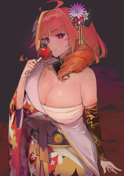 Rule 34 | 1girl, ahoge, artist name, bare shoulders, blonde hair, blunt bangs, blush, bow, breasts, candy apple, cleavage, closed mouth, commentary, cowboy shot, detached collar, detached sleeves, diagonal-striped bow, dismassd, dragon girl, dragon horns, dragon tail, drill hair, fang, floral print, flower, food, hair flower, hair ornament, hair over shoulder, hair stick, highres, holding, hololive, horn bow, horn flower, horn ornament, horns, japanese clothes, kanzashi, kimono, kiryu coco, kiryu coco (new year), large breasts, long hair, long sleeves, looking at viewer, multicolored eyes, multicolored hair, off shoulder, official alternate costume, oil-paper umbrella, orange hair, pointy ears, purple eyes, rain, red eyes, red kimono, sarashi, side drill, side ponytail, sidelocks, skin fang, smile, solo, standing, streaked hair, striped, striped bow, symbol-only commentary, tail, umbrella, virtual youtuber, wide sleeves, yukata