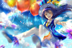 Rule 34 | 1girl, artist name, balloon, blue sky, blurry, blurry background, blush, cloud, collared shirt, female focus, floating, floating hair, grey skirt, hat, highres, july raii, long hair, looking at viewer, love live!, love live! school idol festival, love live! school idol project, parted lips, puffy short sleeves, puffy sleeves, reaching, reaching towards viewer, shirt, short sleeves, skirt, sky, smile, solo, sonoda umi, striped clothes, striped legwear, striped vest, vest, white legwear, white shirt, yellow eyes, yellow neckwear
