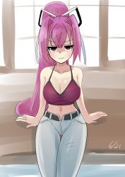 Rule 34 | absurdres, belt, breasts, camisole, cleavage, crop top, denim, fpskarten, highres, jeans, large breasts, midriff, navel, open fly, pants, ponytail, red camisole, red hair, sitting, smile, under night in-birth, white pants, yuzuriha (under night in-birth)