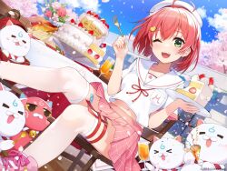 Rule 34 | 1girl, 35p (sakura miko), ahoge, alternate hairstyle, amagai tarou, backpack, bag, bandaged leg, bandages, beret, birthday cake, blush, cake, cake slice, cat hair ornament, champagne flute, cherry blossoms, chicken (food), collarbone, commentary request, copyright notice, cup, dress, drinking glass, dutch angle, flower, food, fork, fruit, hair ornament, hat, holding, holding food, holding fork, hololive, kintoki (sakura miko), midriff peek, navel, neck ribbon, official alternate hairstyle, official art, one eye closed, open mouth, outdoors, pasta, pink hair, pink skirt, plaid, plaid skirt, pleated skirt, red flower, red ribbon, red rose, ribbon, rose, sailor collar, sailor dress, sakura miko, sakura miko (school uniform), sandwich, school uniform, shirt, shoes, short hair, sitting, skirt, smile, sneakers, strawberry, table, teeth, thigh strap, thighhighs, thighs, upper teeth only, virtual youtuber, white flower, white footwear, white rose, white sailor collar, white shirt, white thighhighs