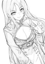 Rule 34 | 1girl, breasts, china dress, chinese clothes, chinese knot, cleavage, closed mouth, coat, dress, earrings, floral print, goddess of victory: nikke, greyscale, highres, jewelry, large breasts, light blush, long hair, long sleeves, monochrome, moran (nikke), smile, solo, tassel, tassel earrings, yougenko