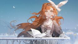 Rule 34 | 1girl, bird, blue sky, book, building, checkered hairband, crescent, dress, floating hair, gloves, green eyes, grin, hand on railing, high collar, highres, long hair, long sleeves, looking up, mountain, open book, orange hair, outdoors, puffy long sleeves, puffy sleeves, qiang45042, railing, reverse:1999, sketch, sky, smile, solo, sonetto (reverse:1999), upper body, white bird, white dress, white gloves