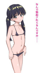 Rule 34 | 1girl, bikini, bikini pull, black bikini, black hair, blush, breasts, closed mouth, clothes pull, female focus, green eyes, looking at viewer, navel, nekomimi kanon, original, pulled by self, simple background, small breasts, solo, swimsuit, twintails, white background