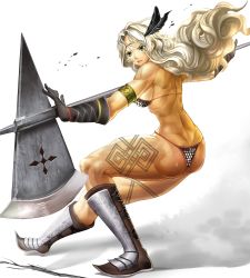 Rule 34 | 1girl, amazon (dragon&#039;s crown), armlet, armor, ass, axe, bad id, bad pixiv id, bikini, bikini armor, blonde hair, boots, breasts, circlet, dragon&#039;s crown, feathers, fighting stance, gloves, green eyes, halberd, large breasts, long hair, muscular, muscular female, panties, polearm, shijima (tanfn), solo, swimsuit, tattoo, thick thighs, thighs, thong, underwear, vanillaware, weapon
