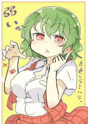 Rule 34 | 1girl, commentary request, green hair, kazami yuuka, looking at viewer, matsu kitsune, open mouth, plaid, plaid vest, red eyes, red vest, short hair, simple background, solo, touhou, translation request, upper body, vest, yellow background