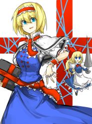 Rule 34 | 1girl, alice margatroid, apron, bad id, bad pixiv id, blonde hair, blue dress, blue eyes, book, bow, capelet, dress, hair bow, hairband, hand on own hip, jewelry, kankan33333, lance, looking at viewer, no pupils, polearm, puppet rings, ribbon, ring, shanghai doll, shirt, short hair, short sleeves, sketch, sleeveless, sleeveless dress, smile, solo, touhou, waist apron, weapon, white shirt, wrist cuffs